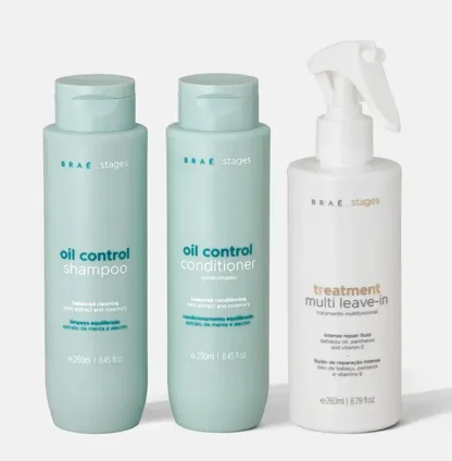 Kit shampoo 250ml + condicionador 250ml Oil Control + Leave-in 260ml Stages Braé (3 Produtos)