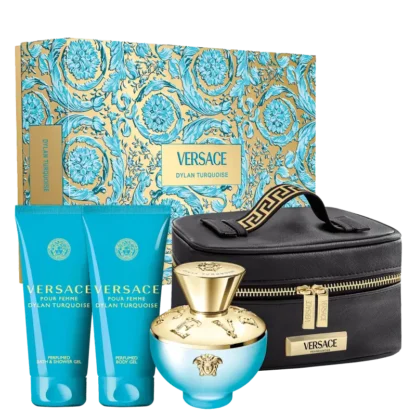 Kit Feminino Versace Dylan Turquoise Eau de Toilette 100ml + loção corporal 100ml + gel de banho 100ml + Necessaire