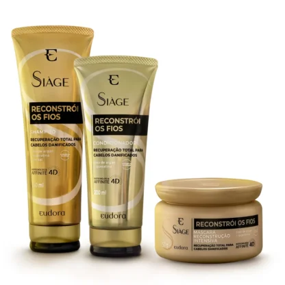 Kit Shampoo 250ml + Condicionador 200ml + Máscara Capilar 250ml Reconstrói os Fios Siàge Eudora